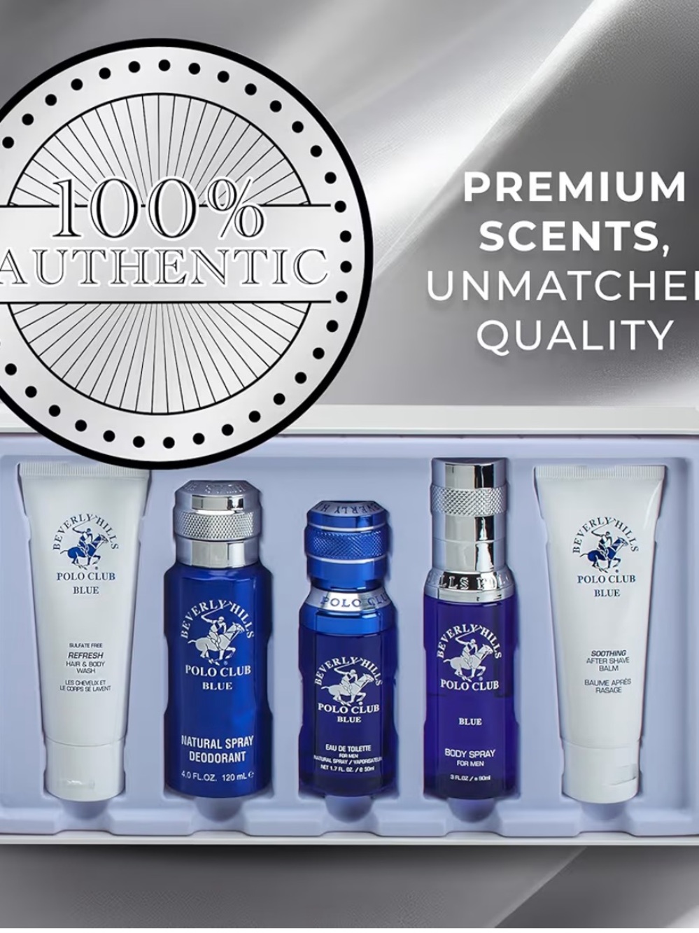 Beverly Hills Polo Club Blue set 1.7 Cologne,4 0z body spray,Deodorant 4 0z + 2